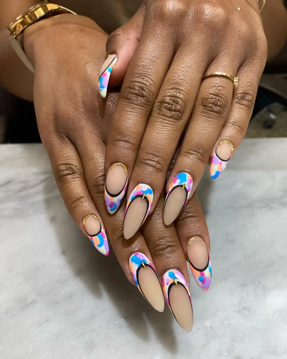 Coral and blue floral nail art
