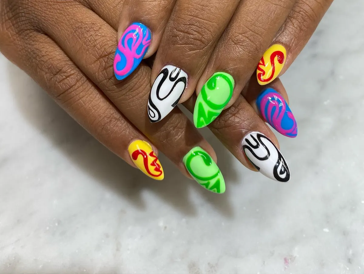 Colorful graphic nail art